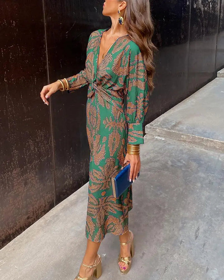 Woman wearing Green Printed Maxi Dress with A-line, V-neck | Lunova
