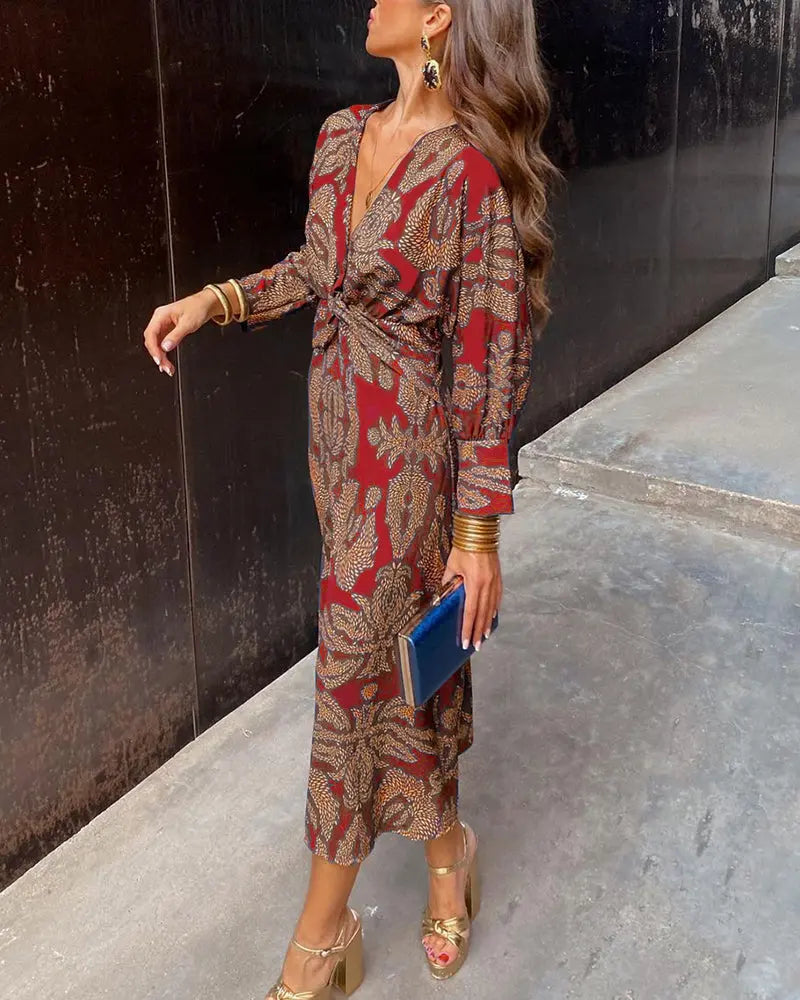 Woman wearing Red Printed Maxi Dress with A-line, V-neck | Lunova