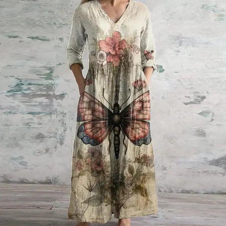 Woman wearing Khaki Printed Maxi Dress with relaxed, floral print | Lunova