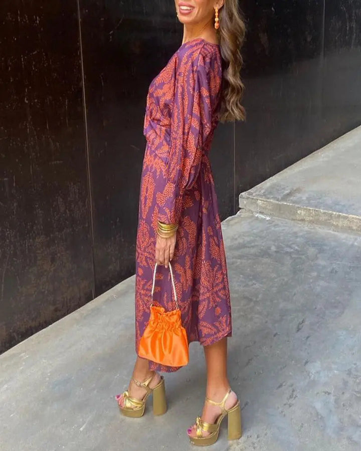 Woman wearing Purple Printed Maxi Dress with A-line, V-neck | Lunova