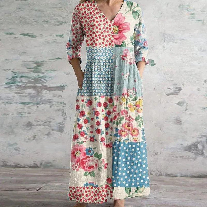 Woman wearing Printed Maxi Dress with relaxed, floral print | Lunova