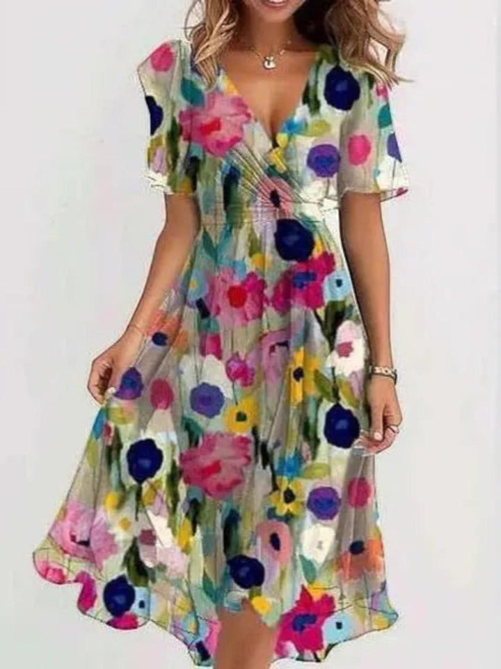 Woman wearing Green Printed Midi Dress with flowing | Lunova