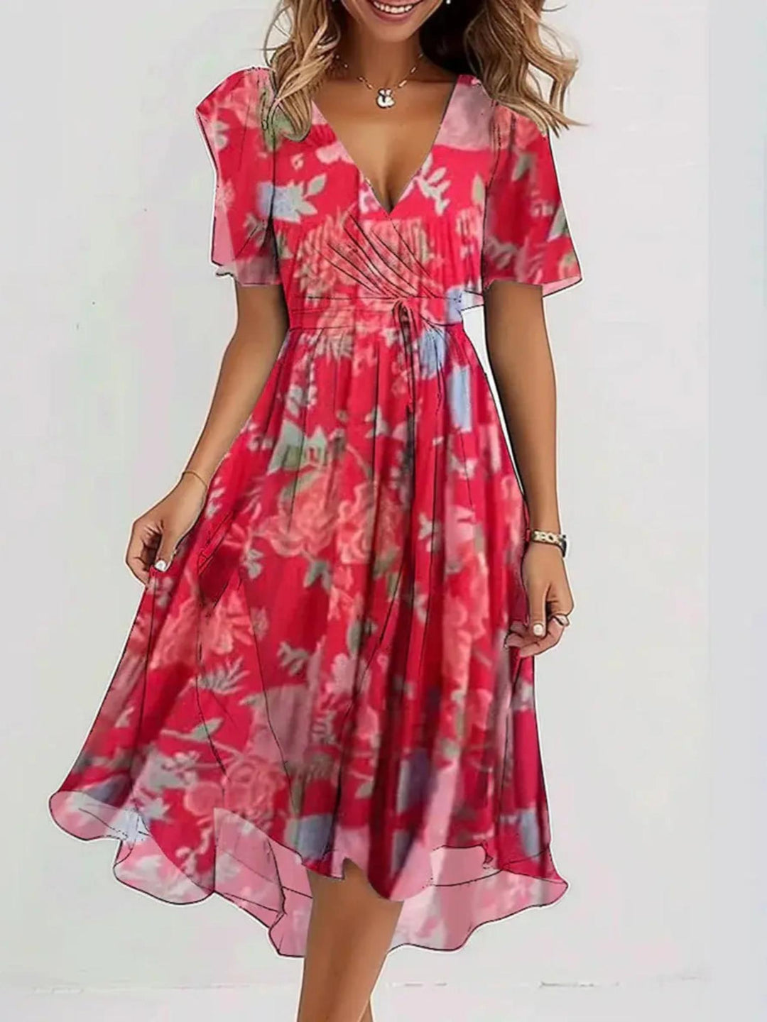 Woman wearing Red Printed Midi Dress with flowing | Lunova
