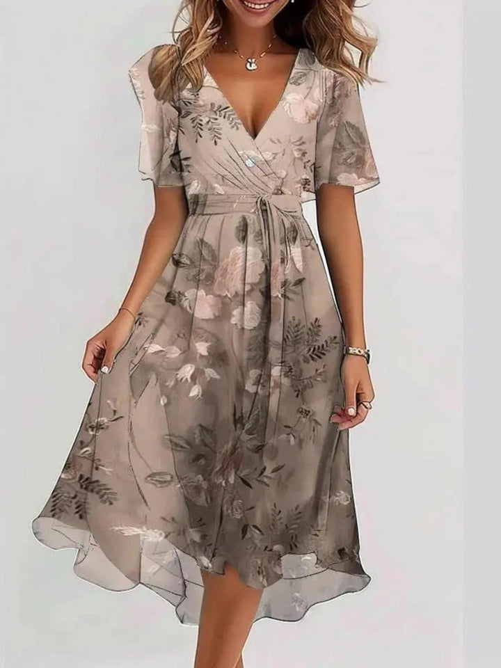 Woman wearing Rose Gold Printed Midi Dress with flowing | Lunova