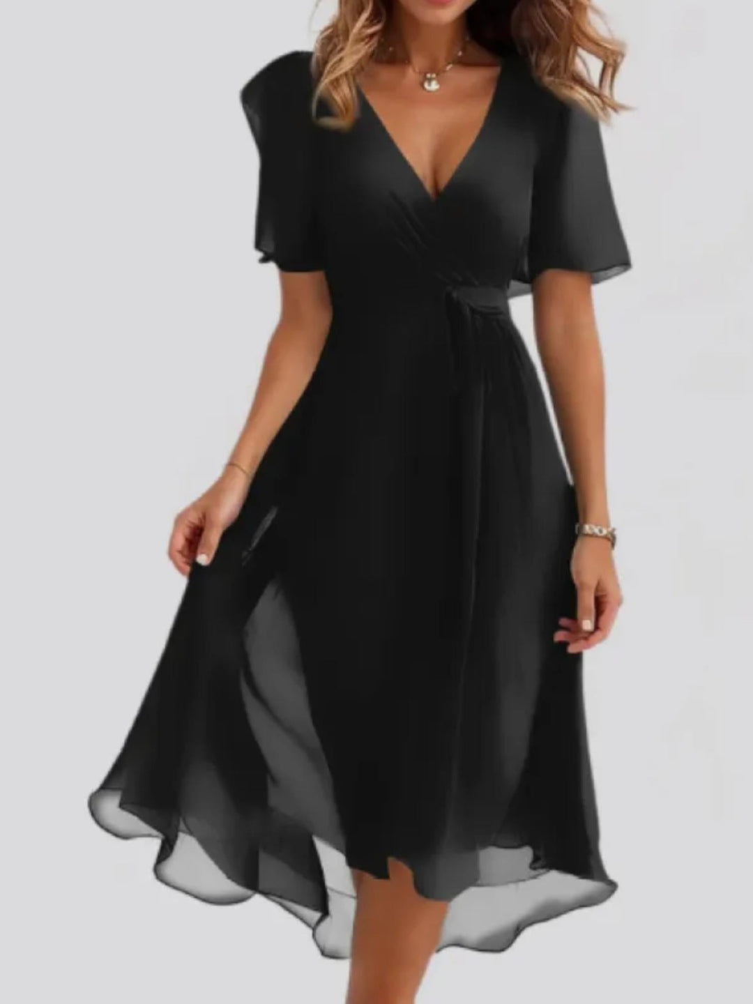 Woman wearing Black Printed Midi Dress with flowing | Lunova