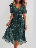 Woman wearing Green Printed Midi Dress with flowing | Lunova