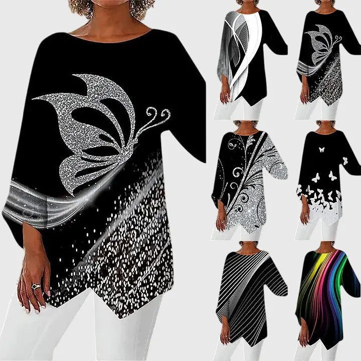 Woman wearing Printed Top with relaxed, crew-neck — view 2 | Lunova