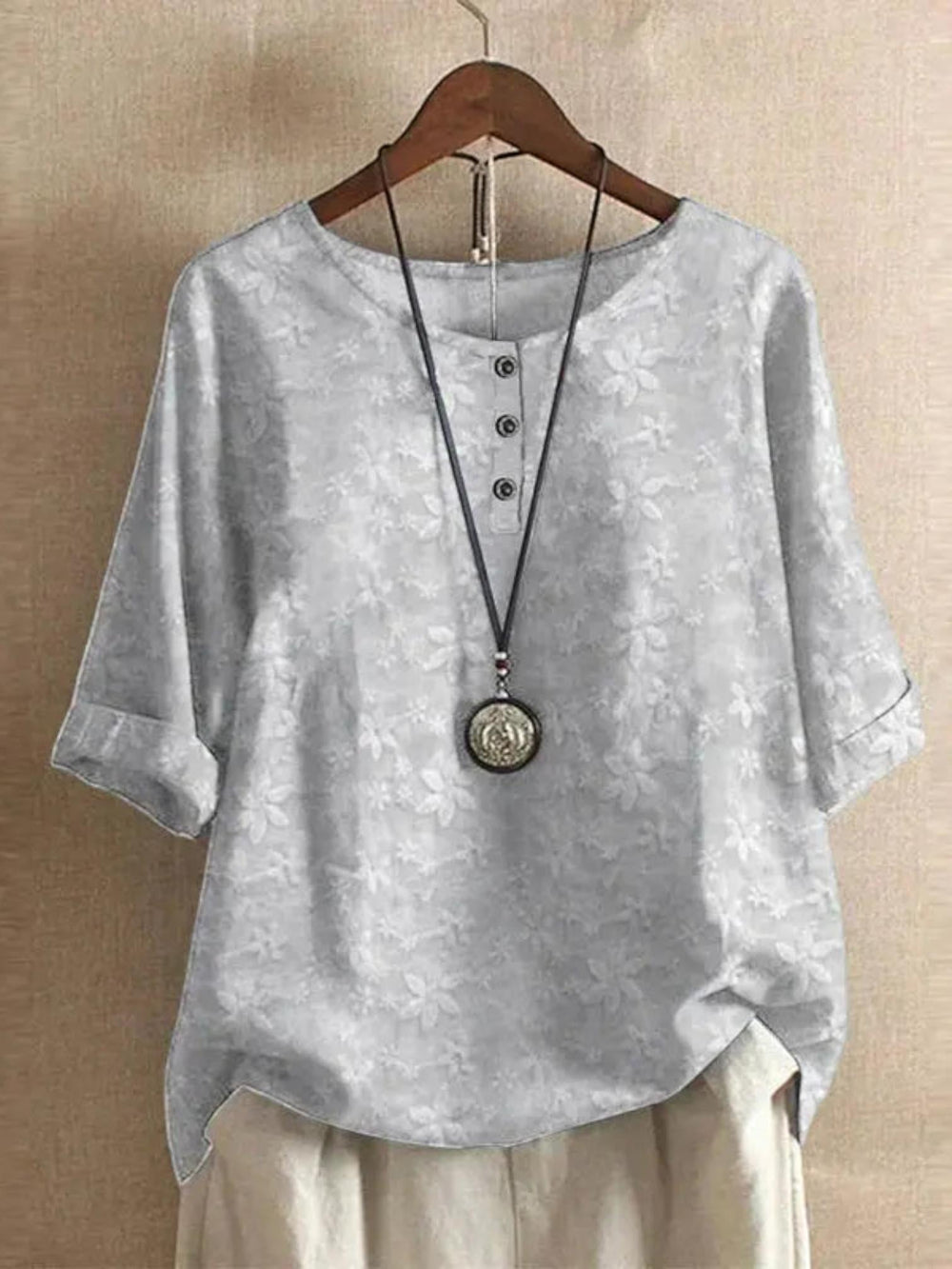 Woman wearing Grey Printed Top with relaxed | Lunova