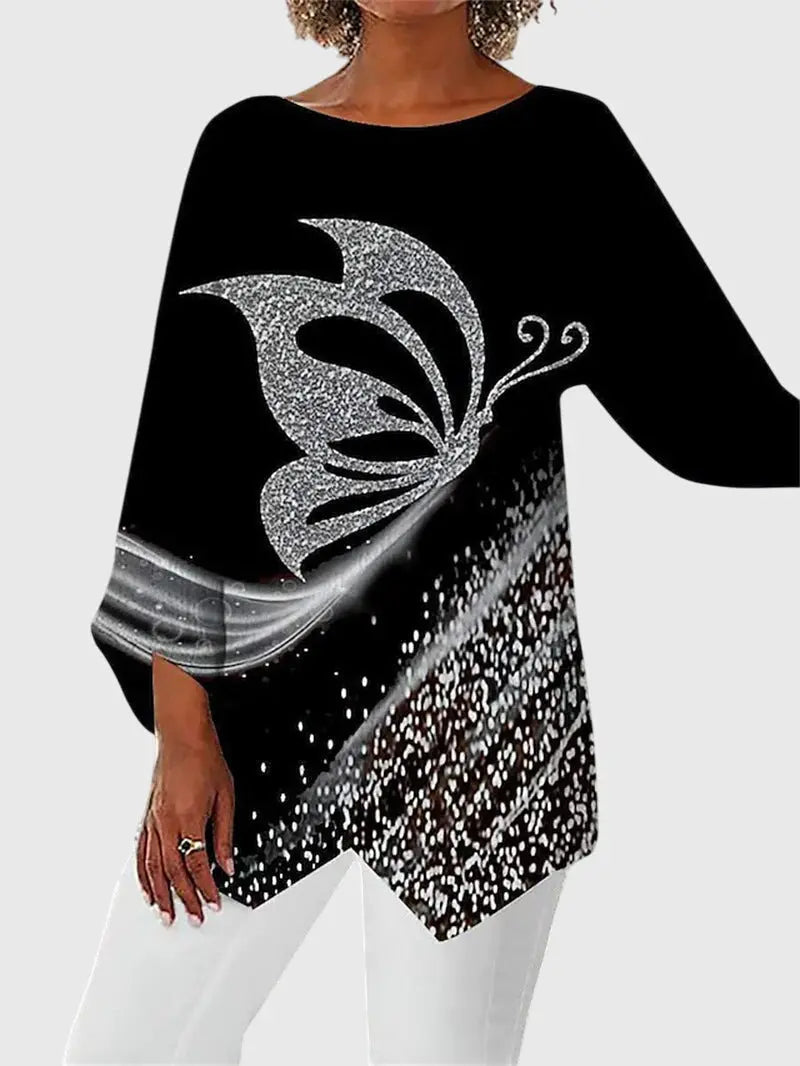 Woman wearing Printed Top with relaxed, crew-neck | Lunova