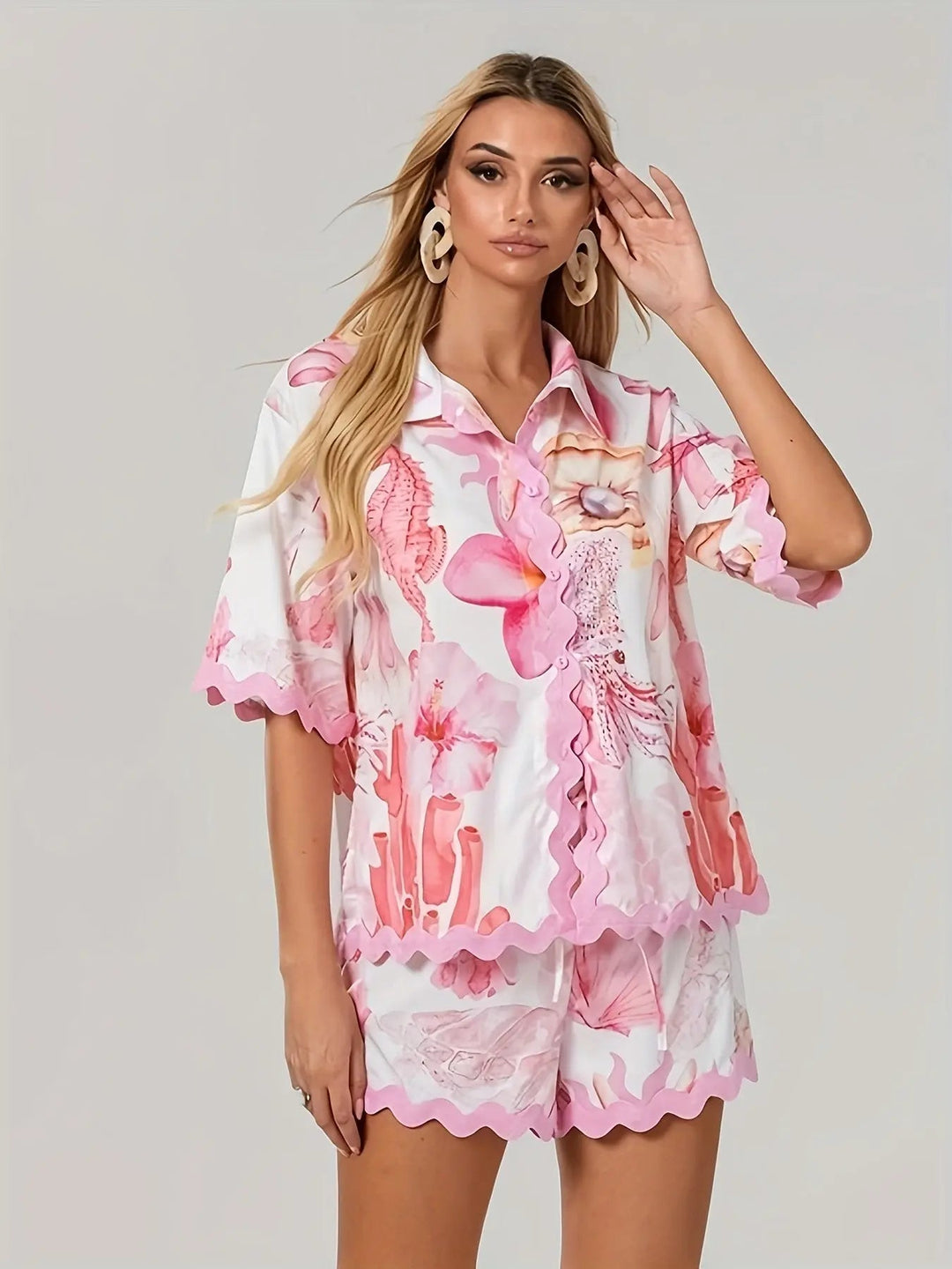 Woman wearing Pink Printed Two-Piece Set with drawstring, high-waist | Lunova