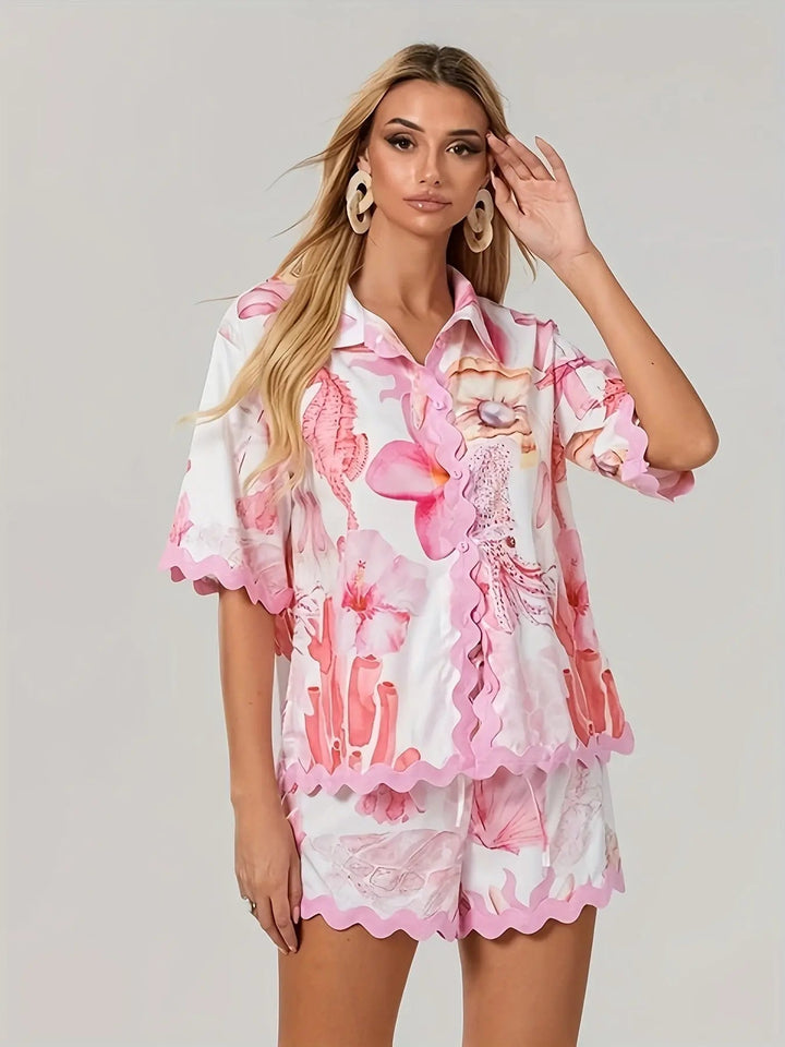Woman wearing Pink Printed Two-Piece Set with drawstring, high-waist | Lunova