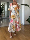 Woman wearing Puff Sleeve Maxi Dress with flowing | Lunova