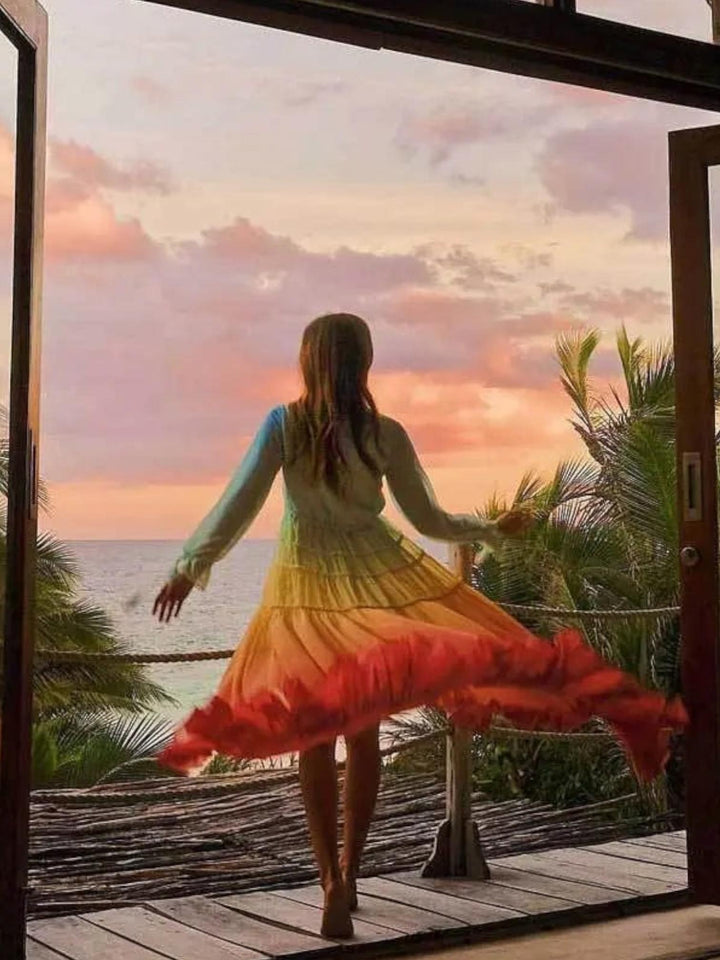 Woman wearing Rainbow Tiered Maxi Dress with empire-waist, ruffled — view 2 | Lunova