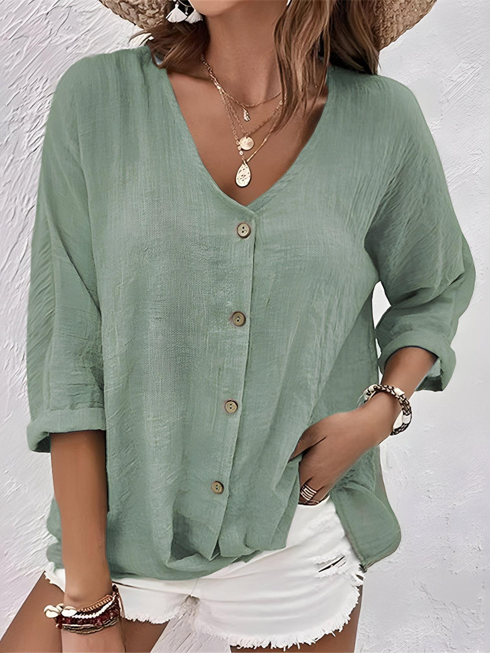Woman wearing Green Relaxed Fit Blouse with button-front, relaxed | Lunova