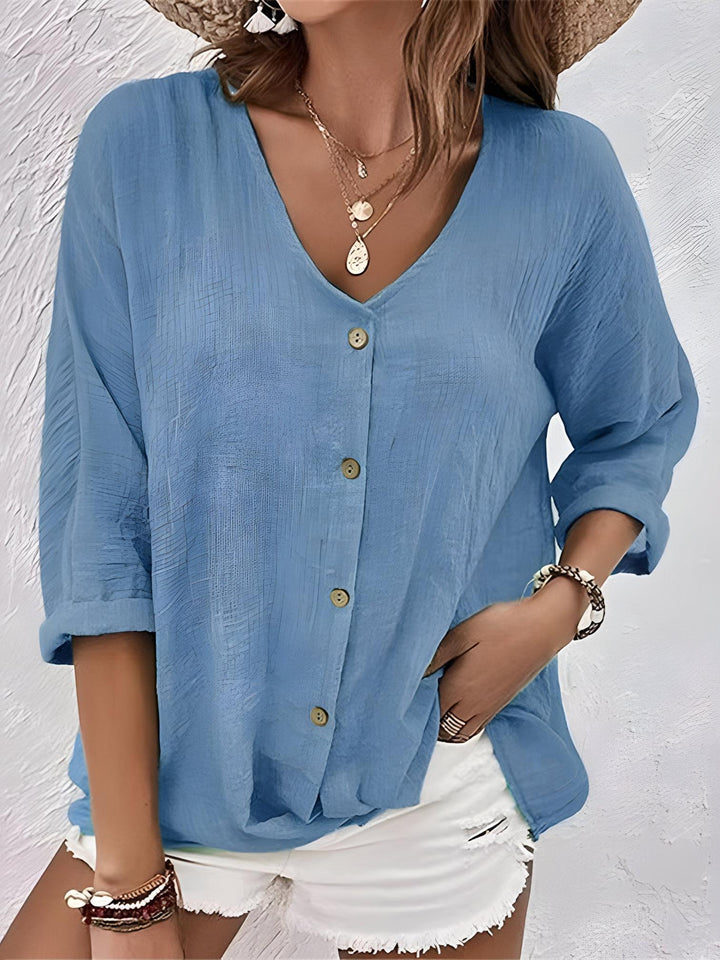 Woman wearing Navy Relaxed Fit Blouse with button-front, relaxed | Lunova