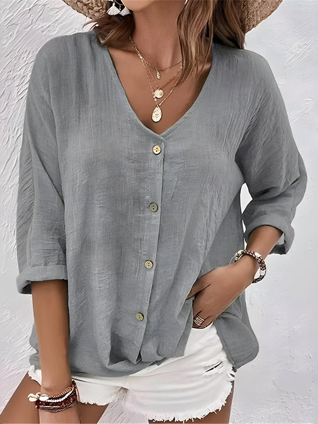 Woman wearing Grey Relaxed Fit Blouse with button-front, relaxed | Lunova