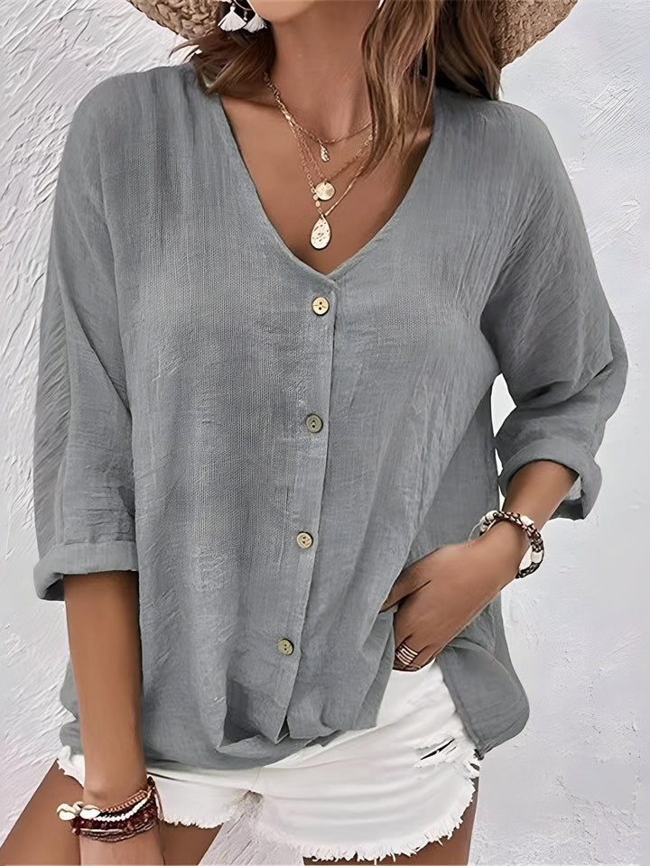 Woman wearing Grey Relaxed Fit Blouse with button-front, relaxed | Lunova