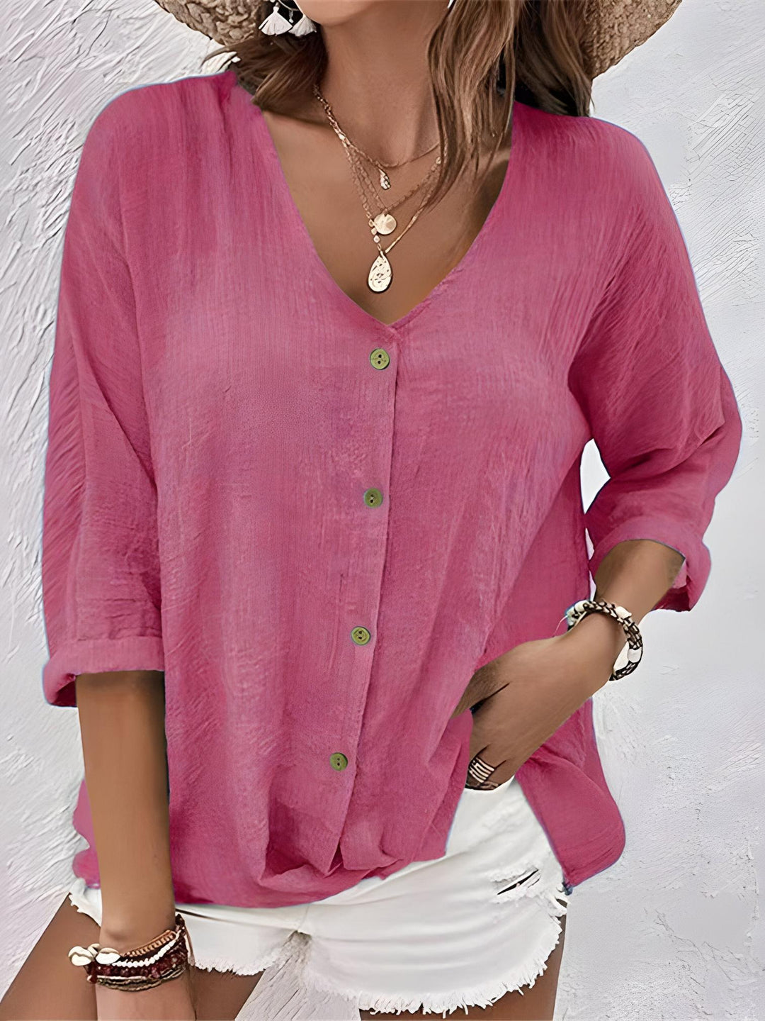 Woman wearing Pink Relaxed Fit Blouse with button-front, relaxed | Lunova