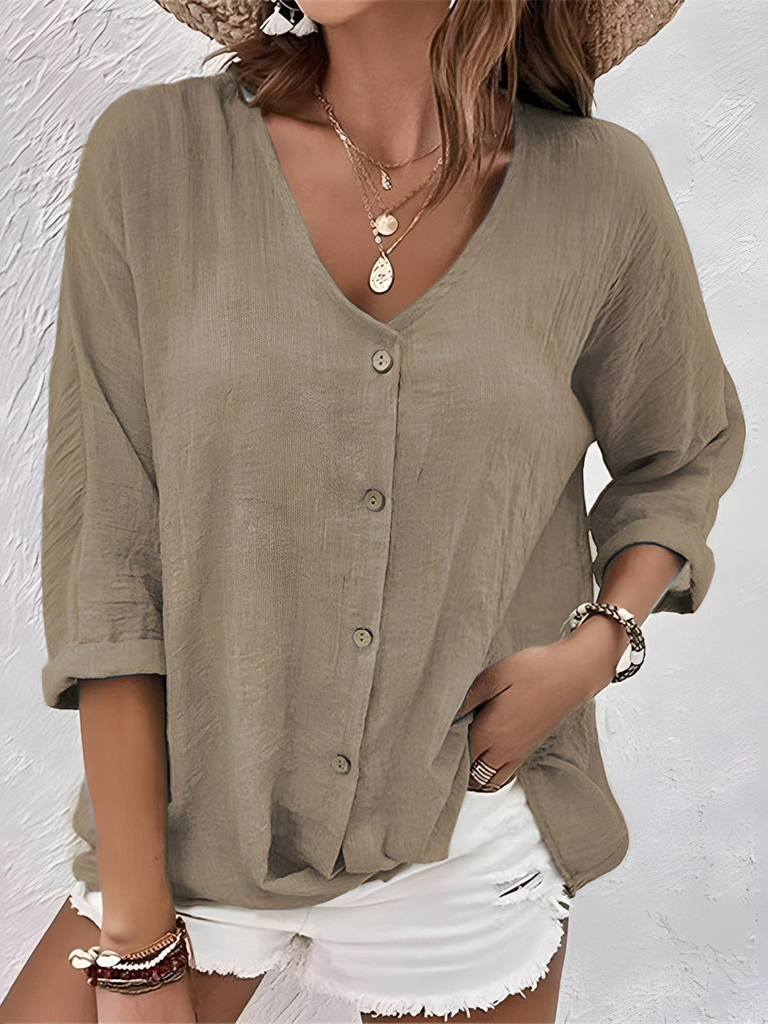 Woman wearing Khaki Relaxed Fit Blouse with button-front, relaxed | Lunova