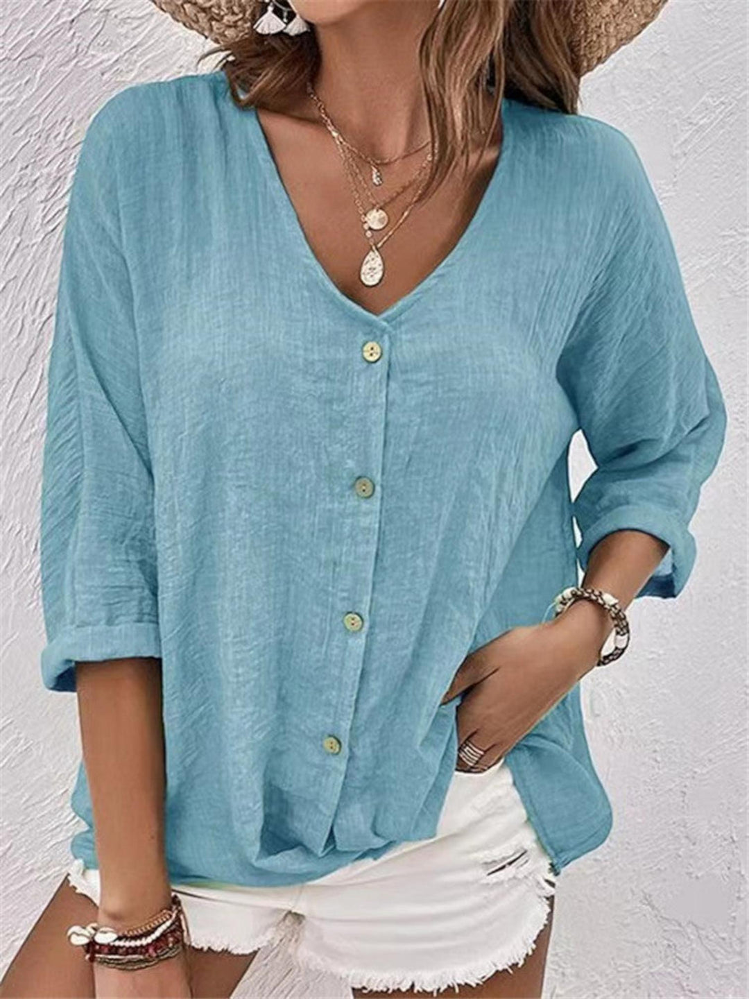 Woman wearing Blue Relaxed Fit Blouse with button-front, relaxed | Lunova