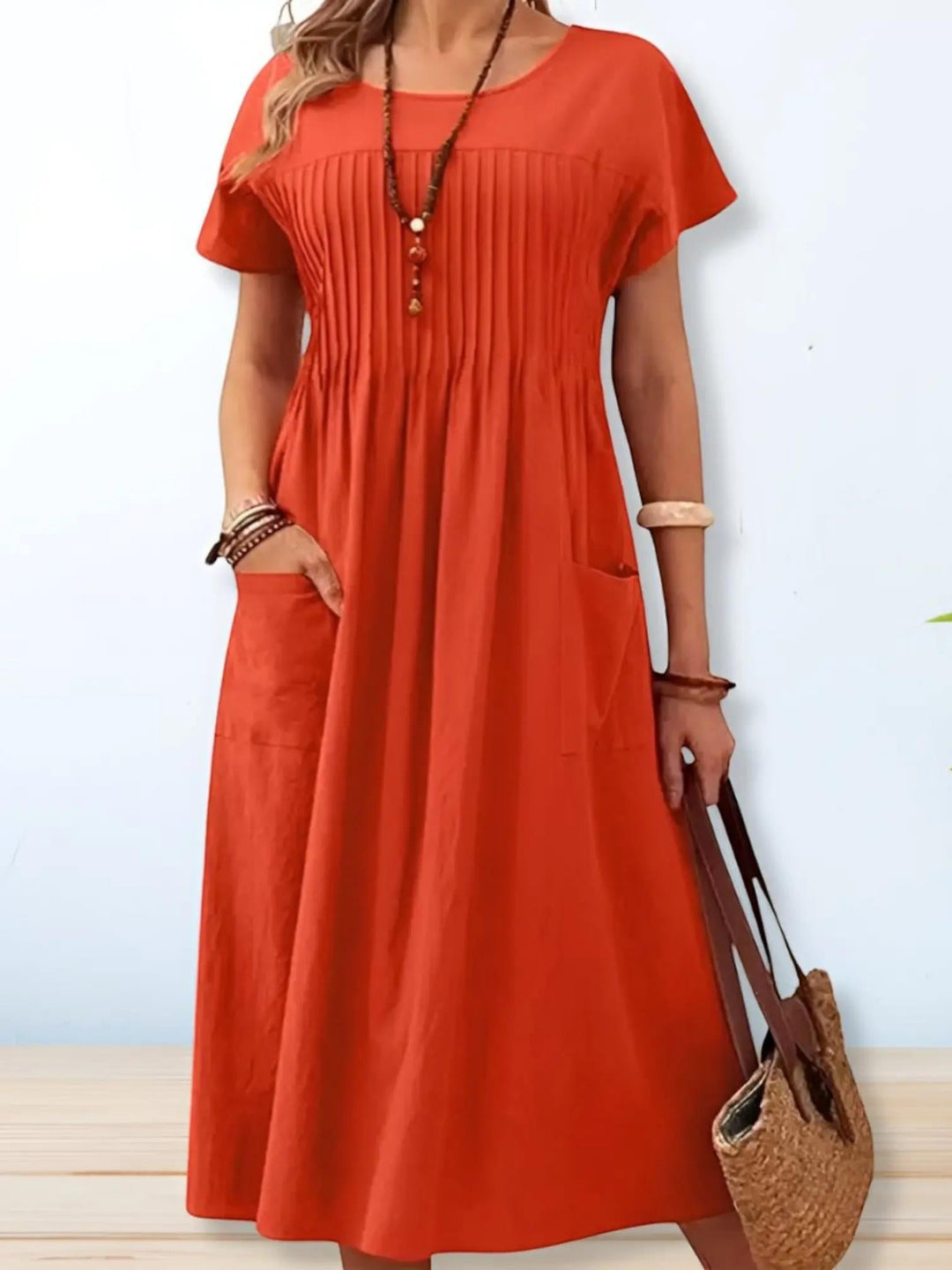 Woman wearing Red Relaxed Fit Midi Dress with relaxed | Lunova