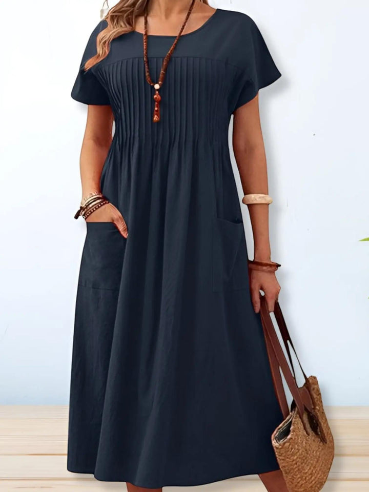 Woman wearing Blue Relaxed Fit Midi Dress with relaxed | Lunova