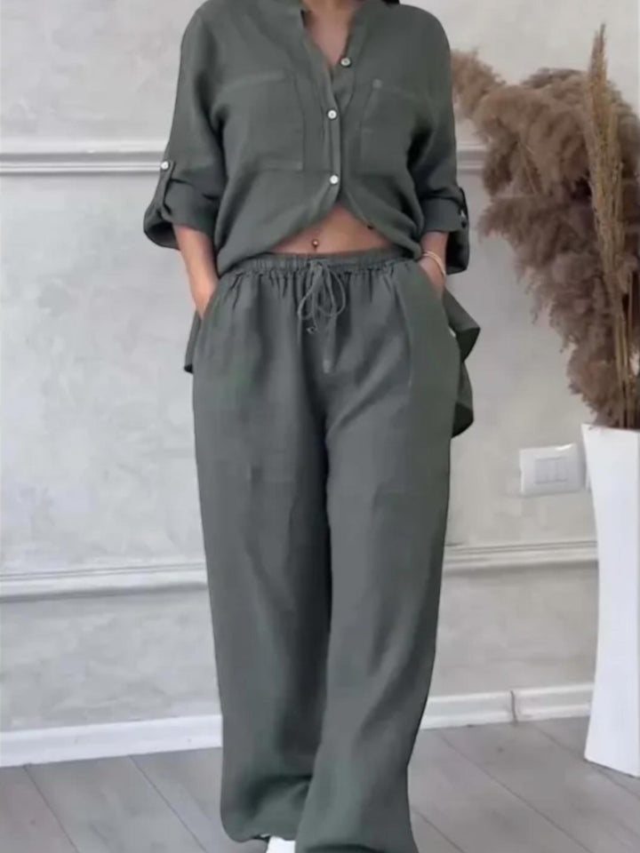 Woman wearing Army Green Relaxed Two-Piece Set with button-front, drawstring | Lunova