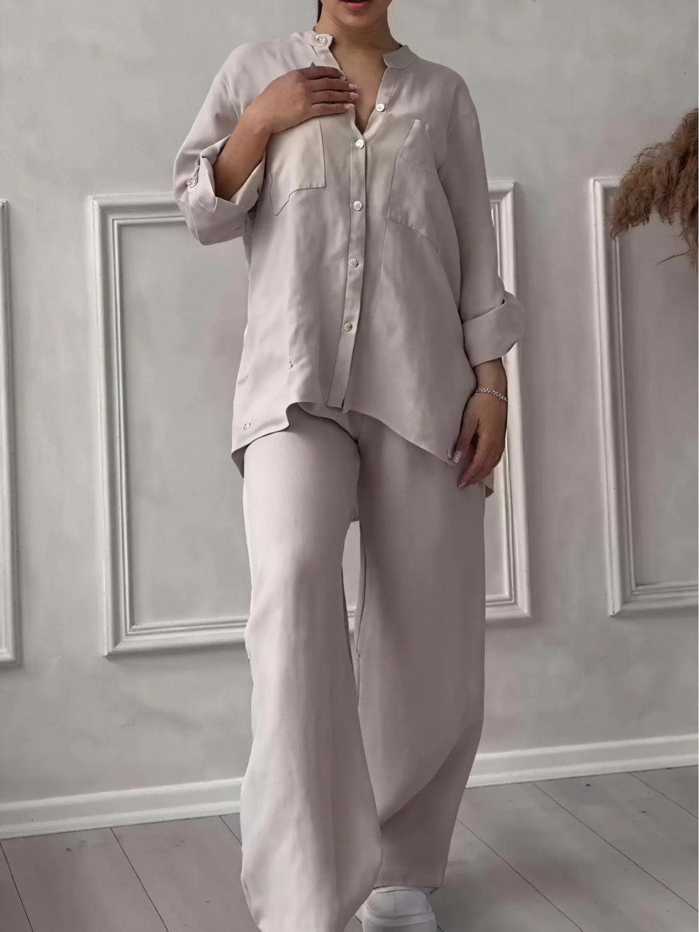 Woman wearing Apricot Relaxed Two-Piece Set with button-front, drawstring | Lunova