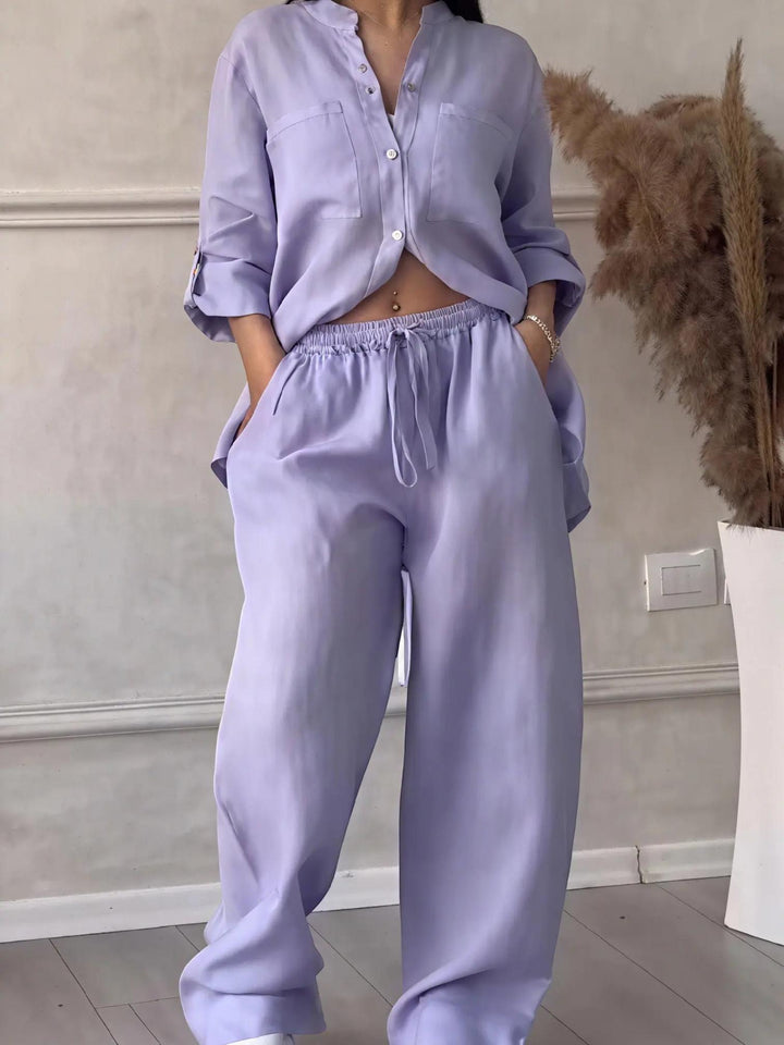 Woman wearing Purple Relaxed Two-Piece Set with button-front, drawstring | Lunova