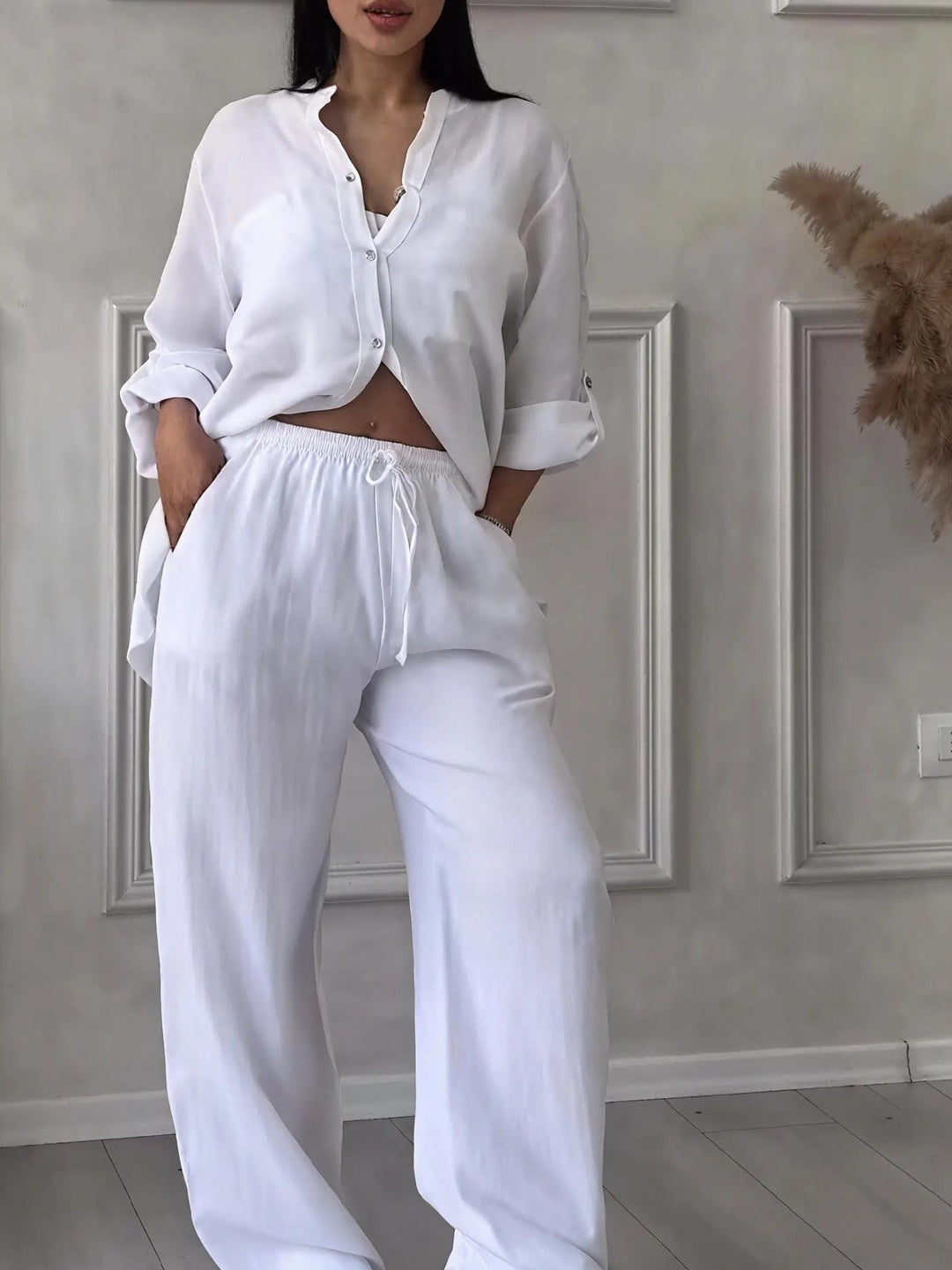 Woman wearing White Relaxed Two-Piece Set with button-front, drawstring | Lunova