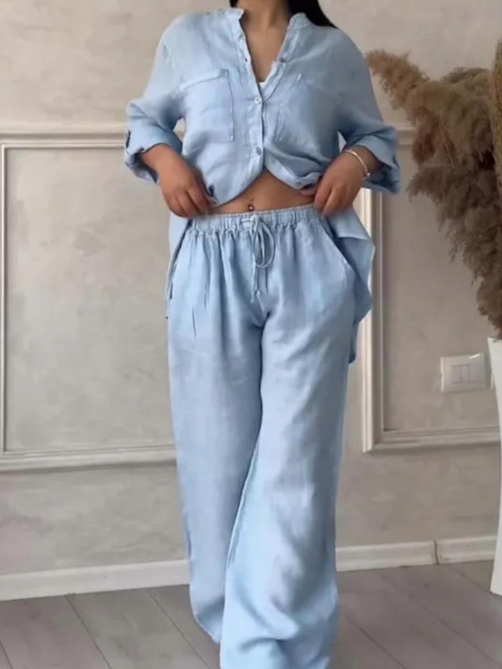 Woman wearing Light Blue Relaxed Two-Piece Set with button-front, drawstring | Lunova