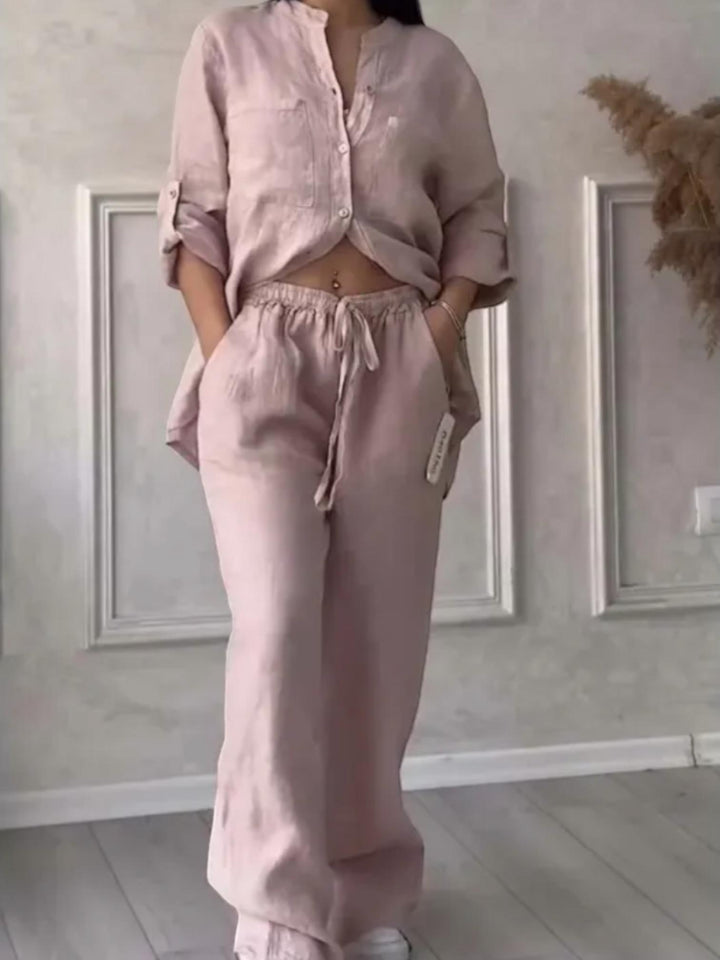 Woman wearing Light Pink Relaxed Two-Piece Set with button-front, drawstring | Lunova