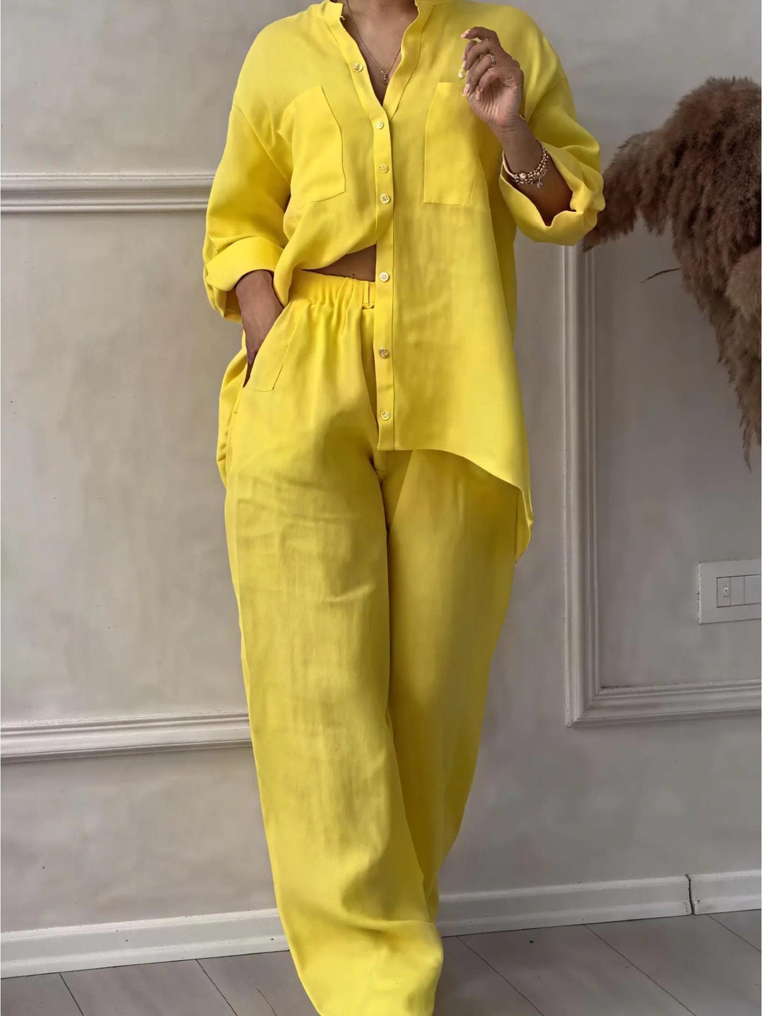 Woman wearing Yellow Relaxed Two-Piece Set with button-front, drawstring | Lunova