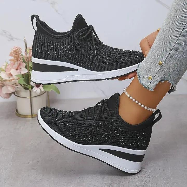 Black Rhinestone Platform Trainers with lace, platform | Lunova