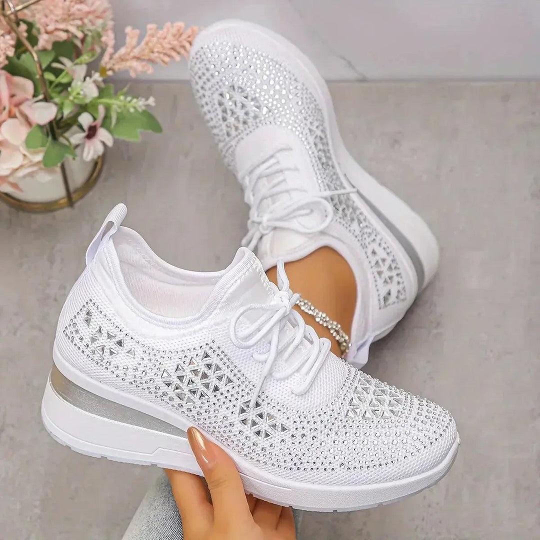 White Rhinestone Platform Trainers with lace, platform | Lunova