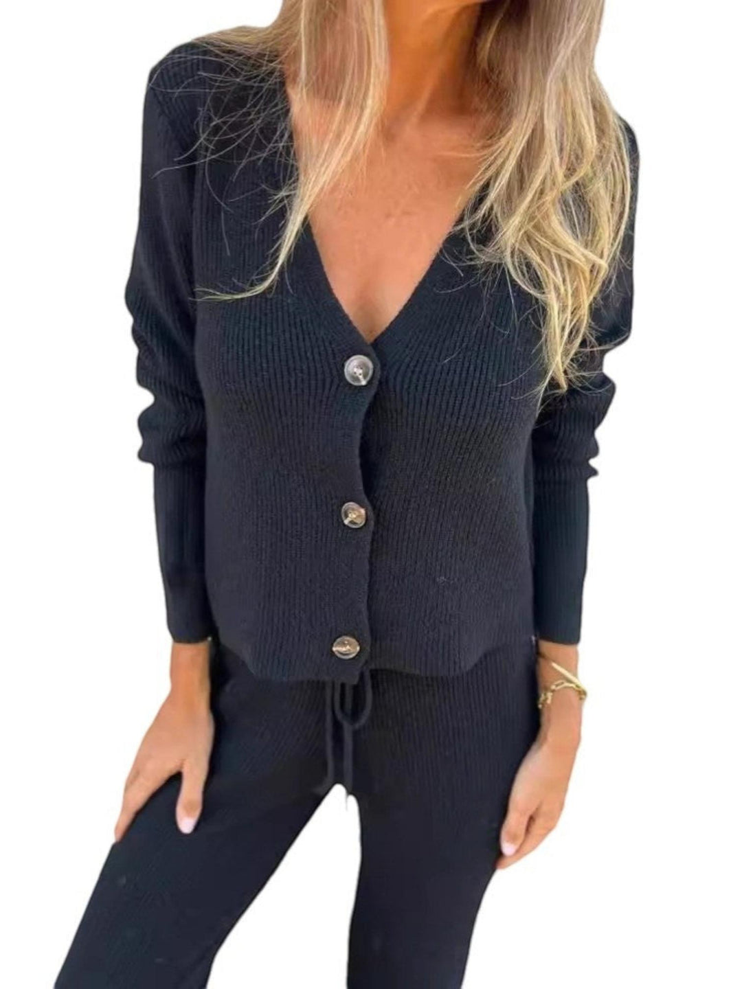 Woman wearing Ribbed Lounge Set with relaxed — view 3 | Lunova