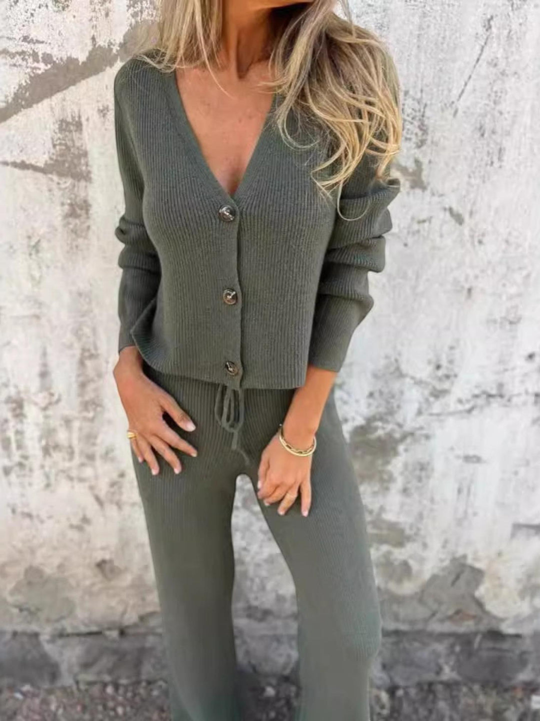 Woman wearing Army Green Ribbed Lounge Set with relaxed | Lunova