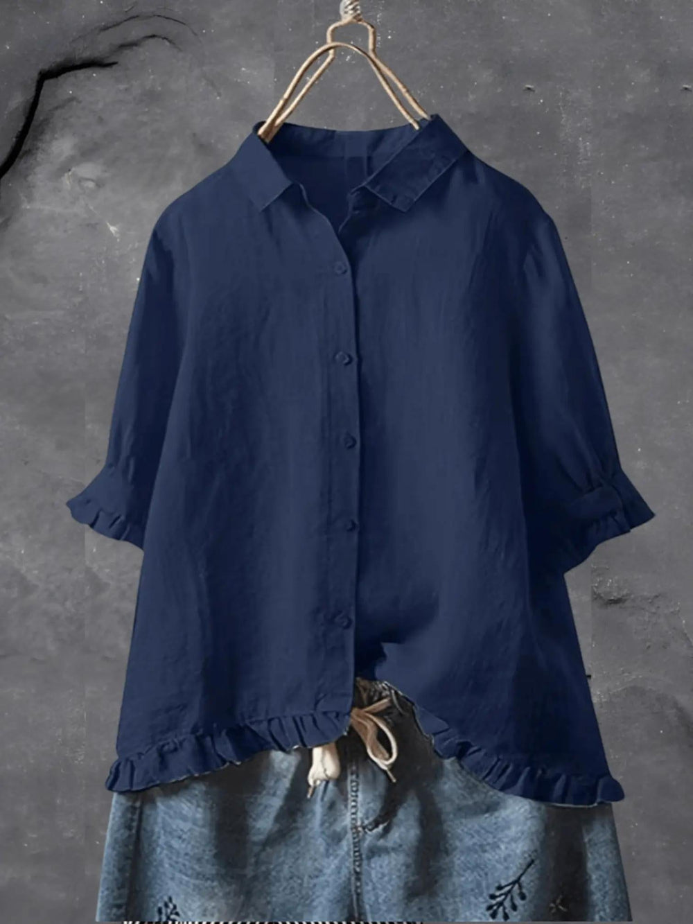 Woman wearing Dark Blue Ruffle Hem Shirt with ruffled, relaxed | Lunova