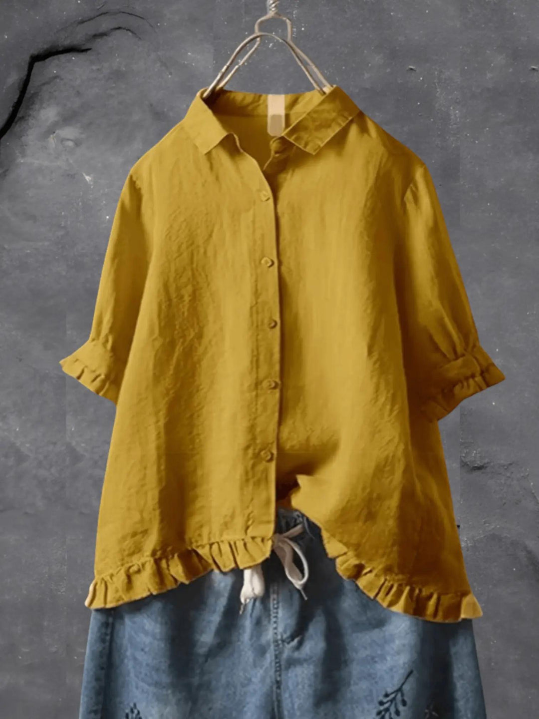Woman wearing Yellow Ruffle Hem Shirt with ruffled, relaxed | Lunova