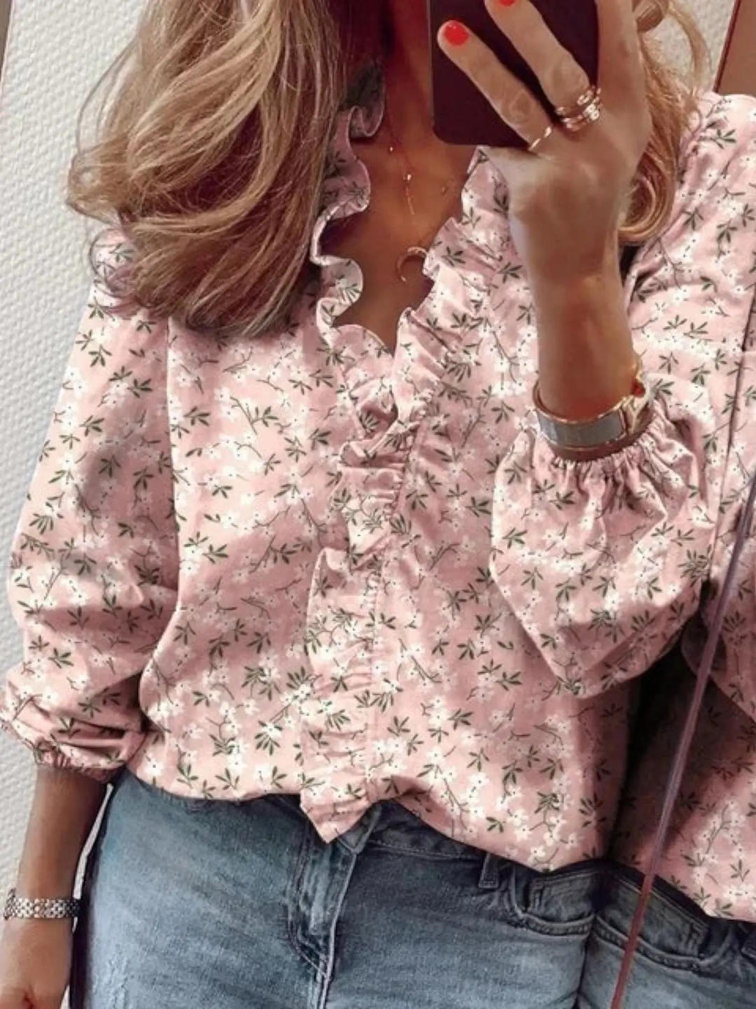 Woman wearing Pink Ruffle V-Neck Blouse with ruffled, button-front | Lunova