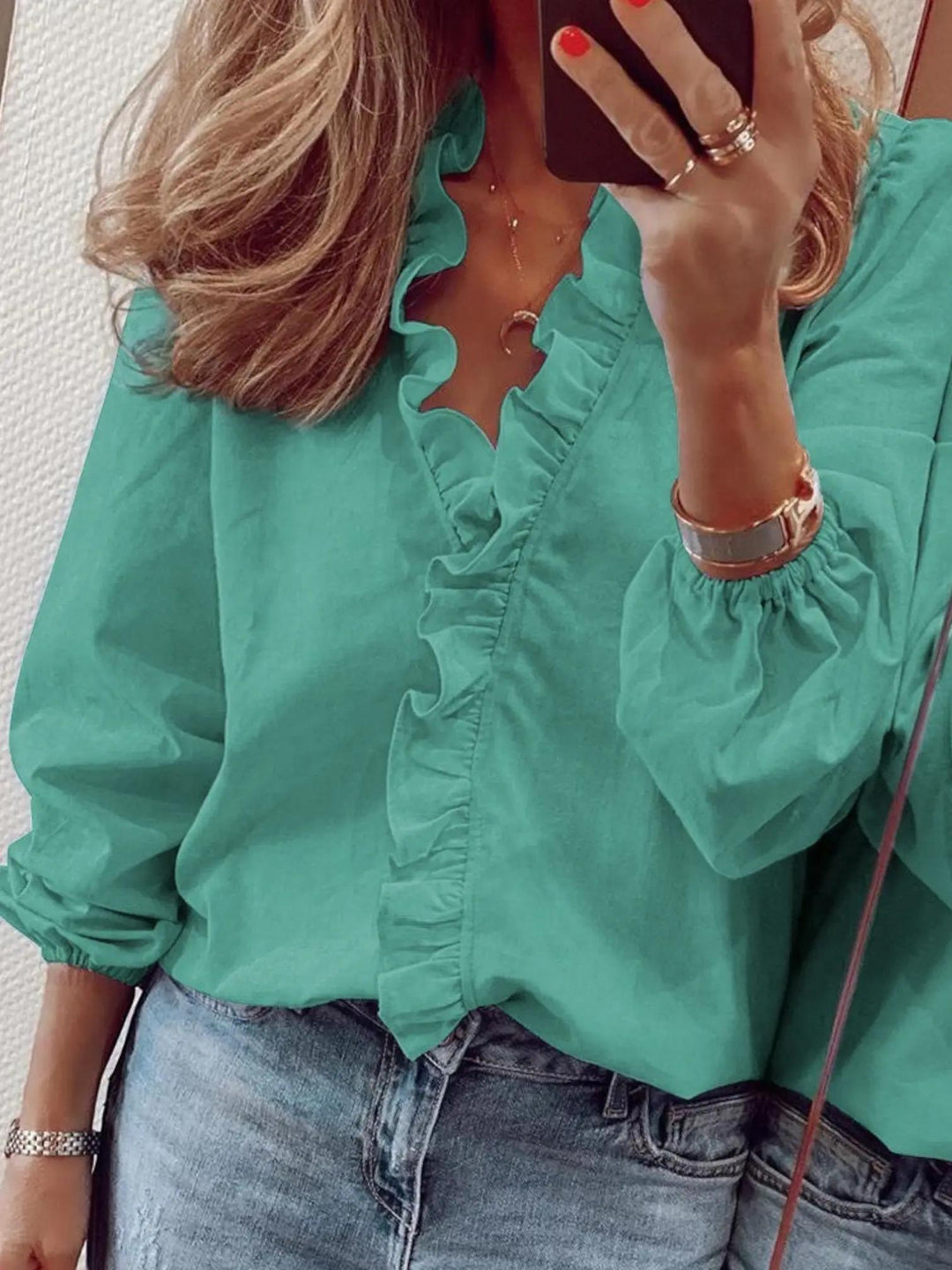 Woman wearing Green Ruffle V-Neck Blouse with ruffled, button-front | Lunova