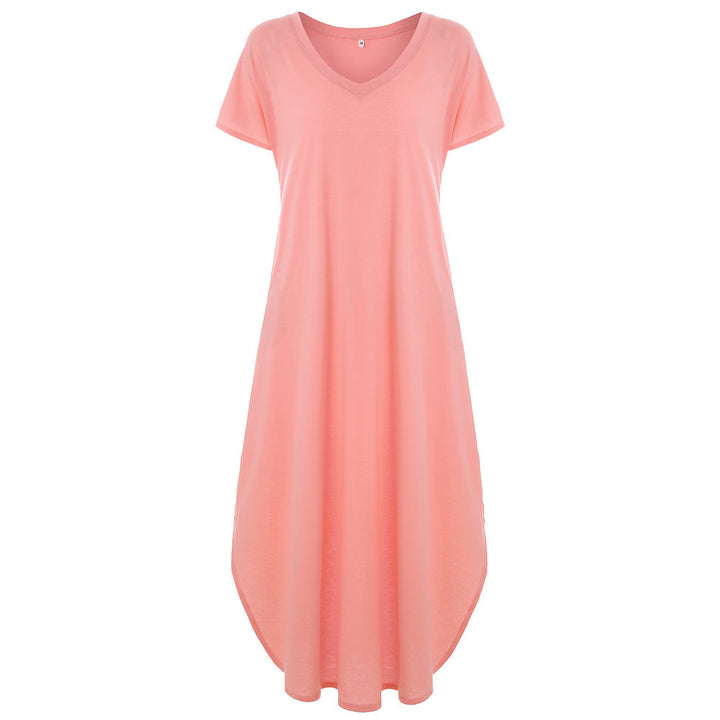 Woman wearing T-Shirt Maxi Dress with V-neck — view 8 | Lunova