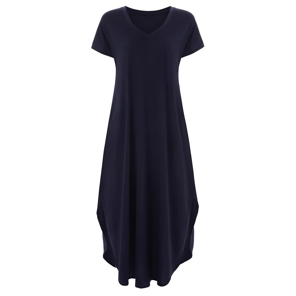Woman wearing T-Shirt Maxi Dress with V-neck — view 7 | Lunova