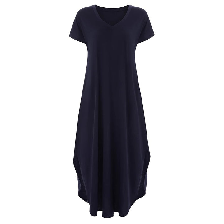 Woman wearing T-Shirt Maxi Dress with V-neck — view 7 | Lunova