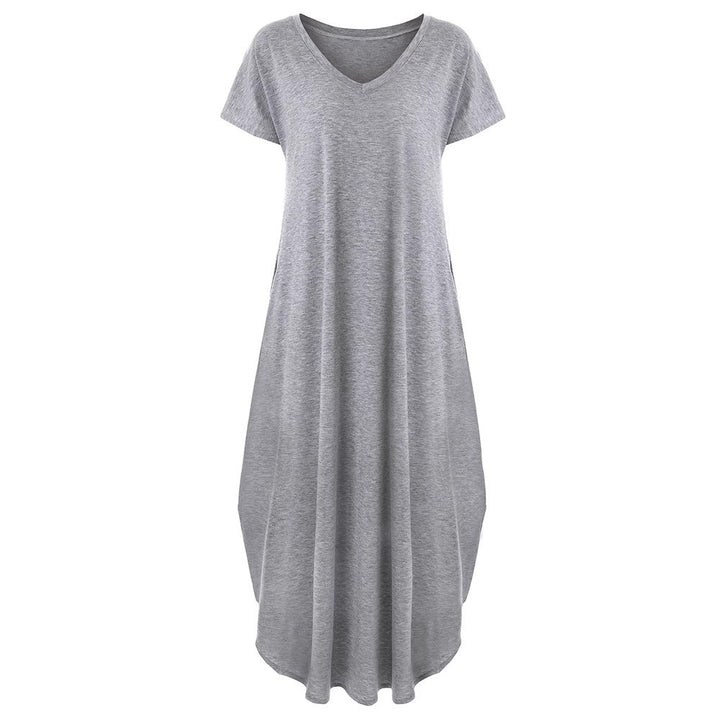Woman wearing T-Shirt Maxi Dress with V-neck — view 5 | Lunova