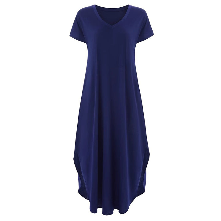 Woman wearing T-Shirt Maxi Dress with V-neck — view 4 | Lunova