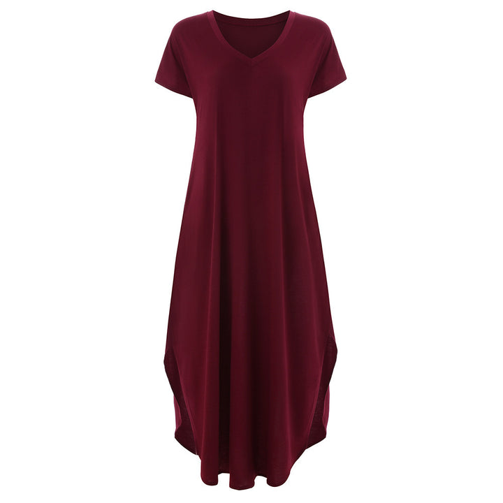 Woman wearing T-Shirt Maxi Dress with V-neck — view 3 | Lunova