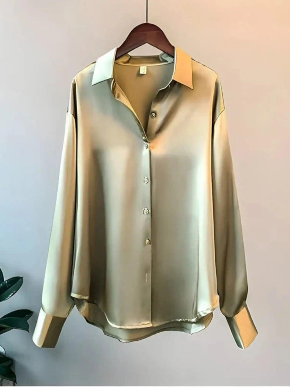Woman wearing Green Satin Button Shirt with button-front, satin | Lunova