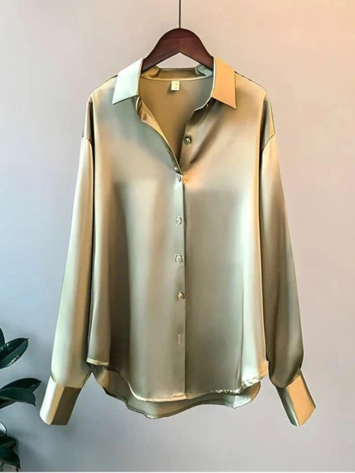 Green Satin Button Shirt with button-front, satin