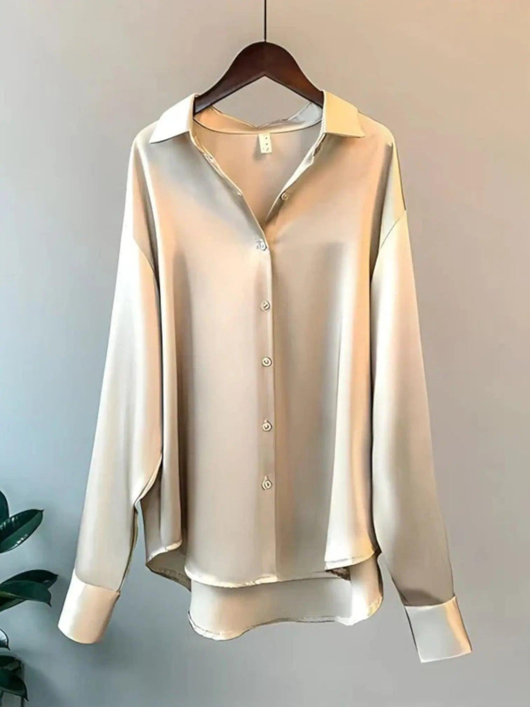Woman wearing Apricot Satin Button Shirt with button-front, satin | Lunova